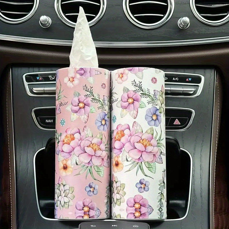 Cup Holder Car Tissue Tubes, Two-Roll Pink and White Floral Facial Tissue Pack in Compact Cylindrical Containers for Vehicle Interior Organization and Daily Use