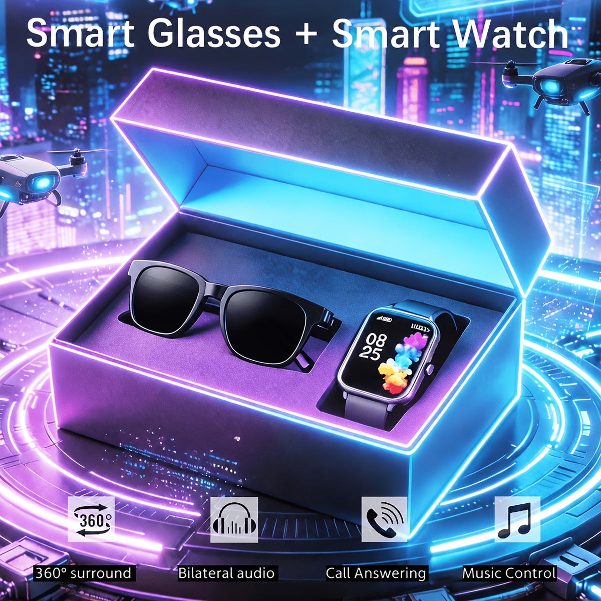 Smartwatch and AI Translation Glasses Bundle with Full Touchscreen, Online Multilingual and Photo Translation, Built-In Microphone and Speaker for Wireless Calls