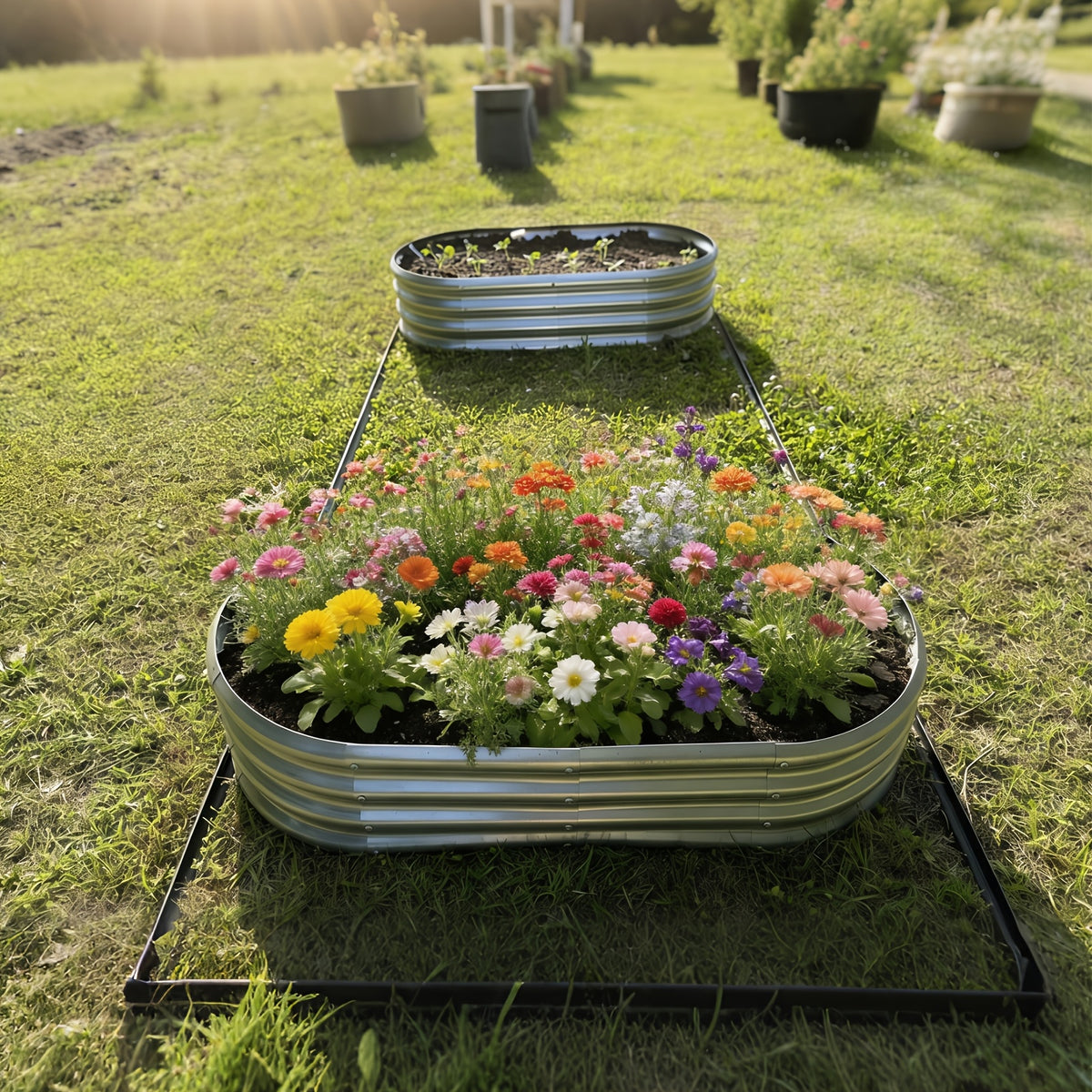 Metal Raised Garden Bed Kits with Galvanized Oval Planter Wording, Listed 4x2x1ft and 8x4x1ft Multipack Options plus Single-Bed Label for Outdoor Garden Planning