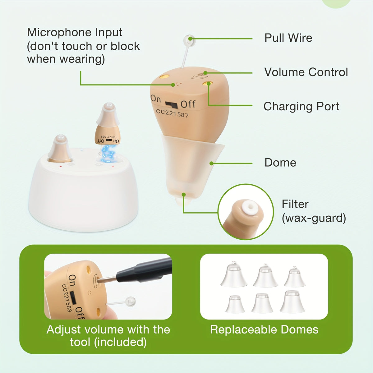 CIC Rechargeable Hearing Aids, Listed One-Pair In-Ear Devices with Adjustable Volume and Noise Reduction in Beige, RedBlue or Black Color Options for Adults