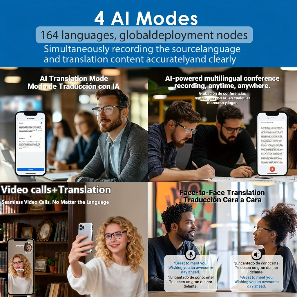 160 Language Translation Smart Glasses, AI Audio Glasses with ChatGPT, HD Calls & HiFi Music, Built-in Mic & Speaker, Photochromic Lenses, Real-Time Translator Eyewear for Travel, Meetings, Men & Women