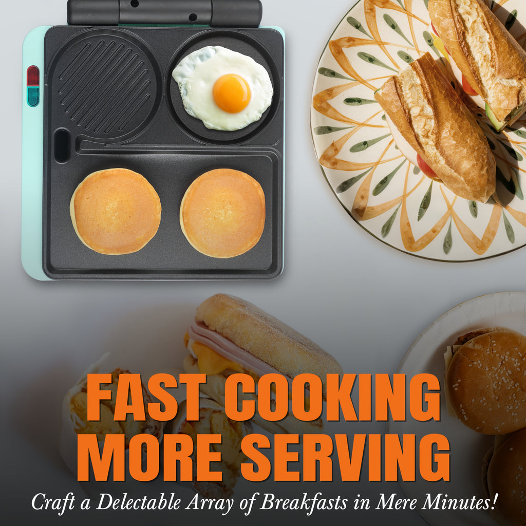 Breakfast Sandwich Maker with Burger Press, 3-in-1 Electric Griddle and Grill Combo with Nonstick Plates for Eggs, Burgers, Paninis and Morning Meals for the Whole Family, Aqua