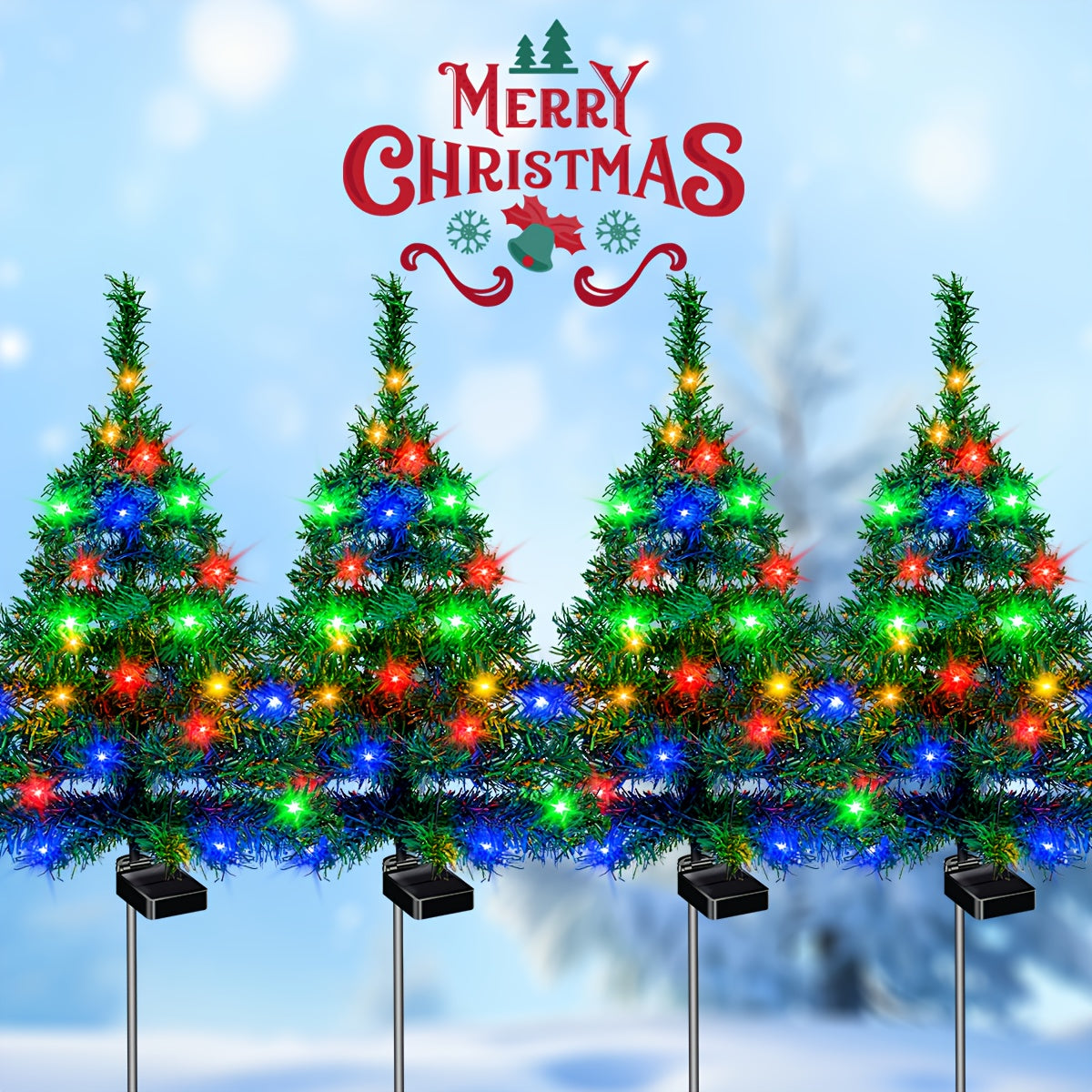 Solar Christmas Tree Lights with Listed IP65 Rating, Plastic Outdoor Holiday Decorations in One, Two or Four-Piece Options for Lawns, Terraces and Balconies