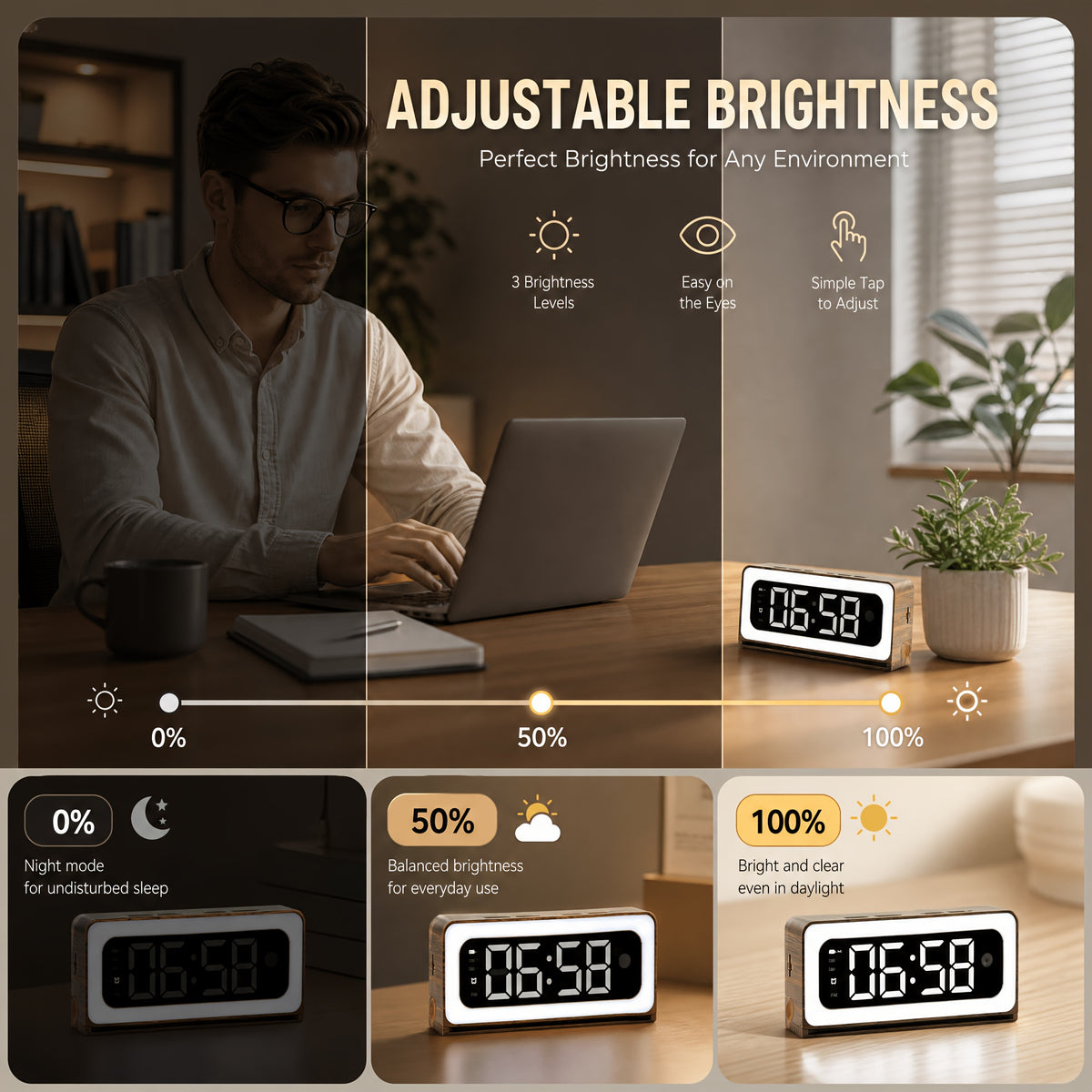 Wood-Grain Indoor Security Clock Camera with Listed 2K Video, Dual-Band WiFi, Color Night Vision, Motion Alerts, Rechargeable Battery and Optional microSD Storage