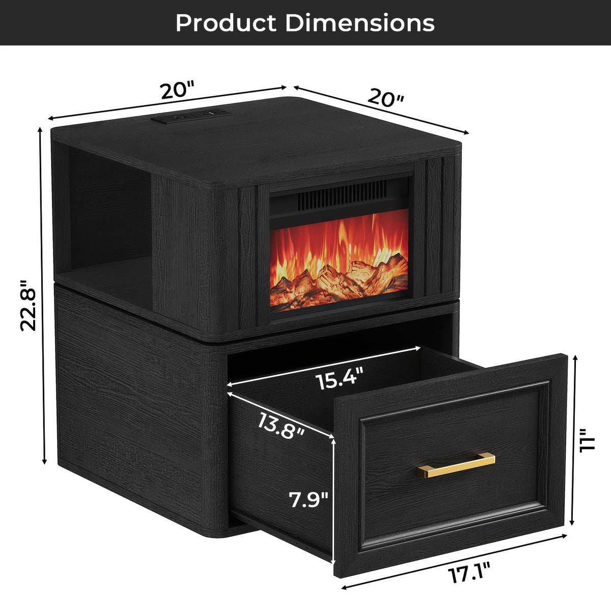 Electric Fireplace End Table with Listed 180-Degree Rotation and 13-Inch Screen, Storage and Charging Station, Six Finish Choices for Living Room Layouts