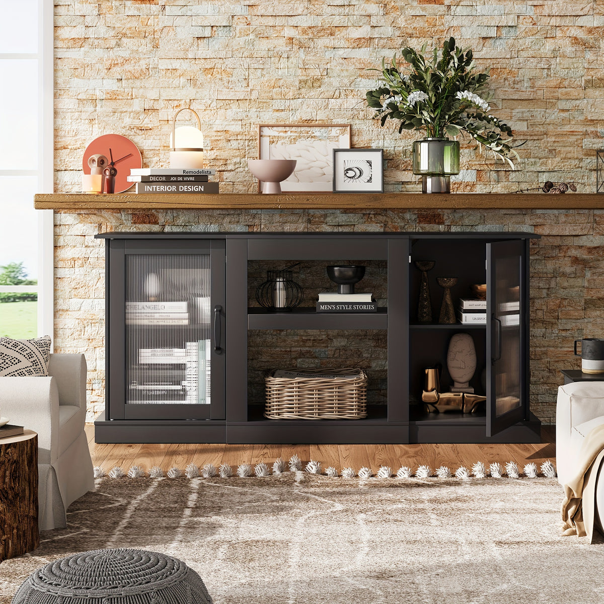 Retro TV Stand with Open Storage Shelves, Black, Rustic Brown or Greige Media Console for Compatible Television Setups in Living Rooms and Bedrooms