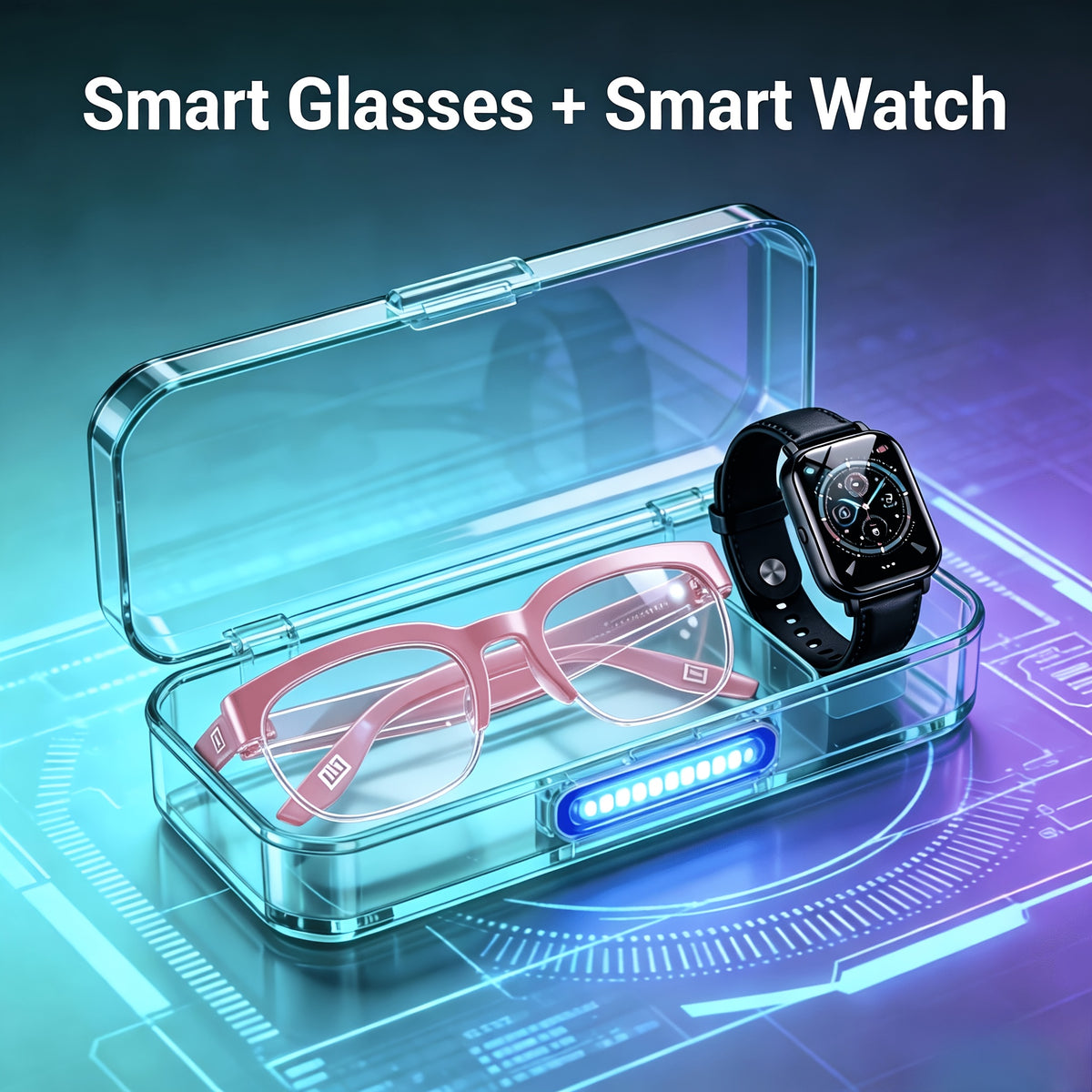 Audio Translation Eyewear and Touchscreen Watch Set with Listed AI Multilingual Functions, Built-In Microphone and Speaker, Music and Hands-Free Calling