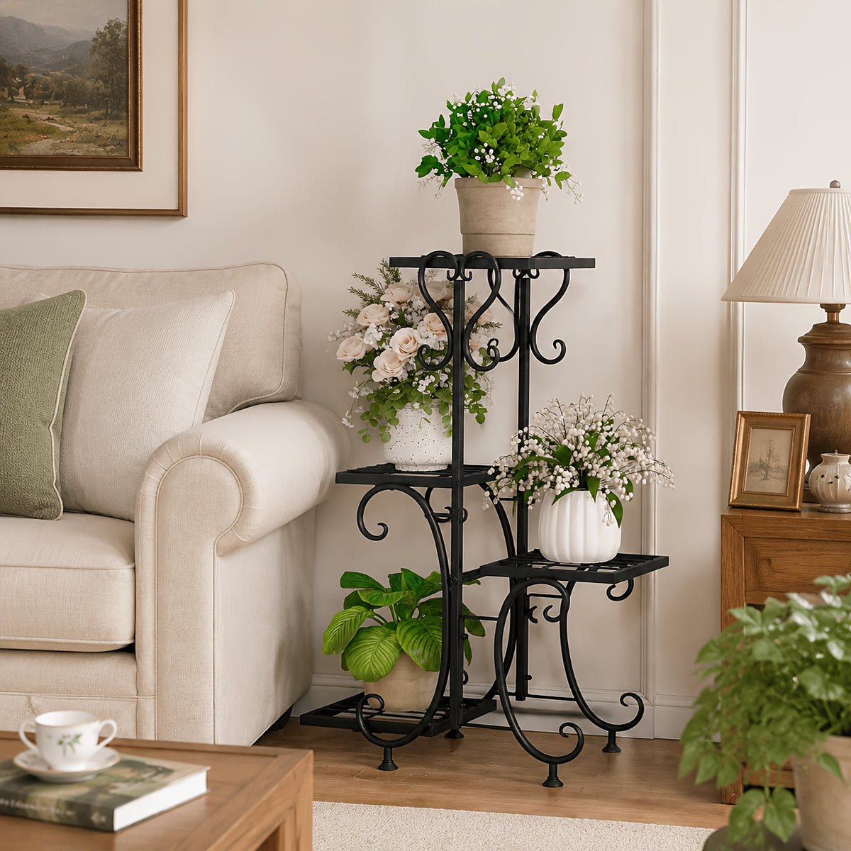 Metal Plant Stand with Listed Four-Tier Flower Pot Display, Decorative Curves and Adjustable Foot Pads in 940 Black or 941 Black Options for Home and Balcony Decor