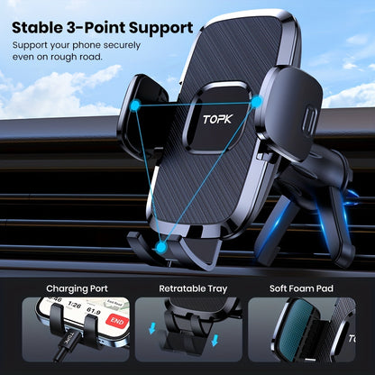 TOPK Car Air Vent Phone Mount with Adjustable Clamp Cradle, Black ABS Smartphone Holder for Compatible Vehicle Vents and Navigation Screen Positioning