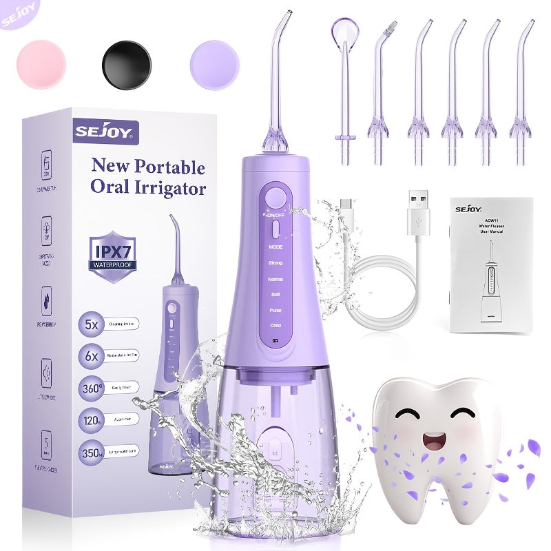 SEJOY Cordless Water Flosser with Five Listed Modes and Eight Nozzles, 11.83oz Oral Irrigator with 1200mAh Battery and IPX7 Wording, Purple or Pink for Home and Travel