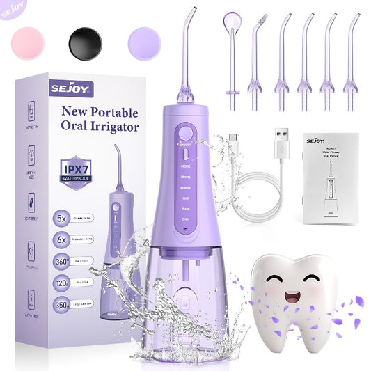 SEJOY Cordless Water Flosser with Five Listed Modes and Eight Nozzles, 11.83oz Oral Irrigator with 1200mAh Battery and IPX7 Wording, Purple or Pink for Home and Travel