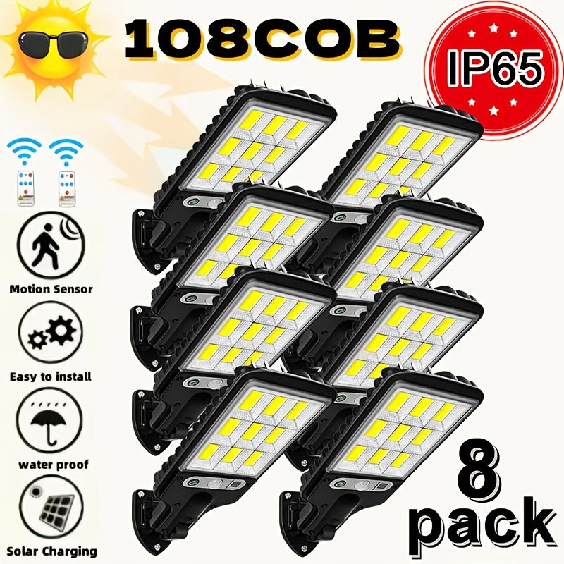 108COB Solar Wall Lights with Remote Control, Motion Sensor and Three Working Modes, 2, 4, 6 or 8-Pack Options for Supplemental Porch and Garage Lighting