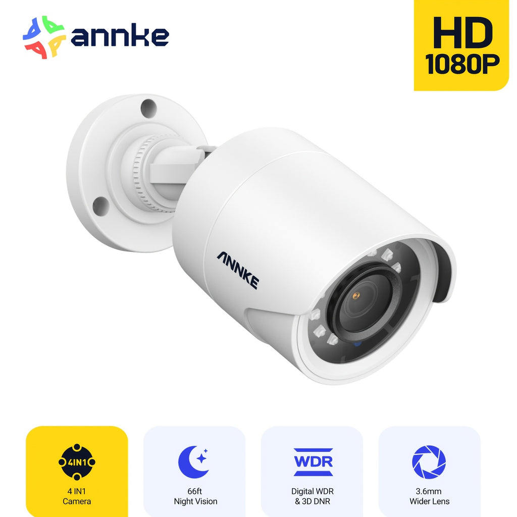ANNKE Wired CCTV Bullet Camera, 1080P 4-in-1 AHD TVI CVI CVBS DVR Add-On with 3.6mm Lens and Infrared Night Vision, White, Power Adapter Not Included