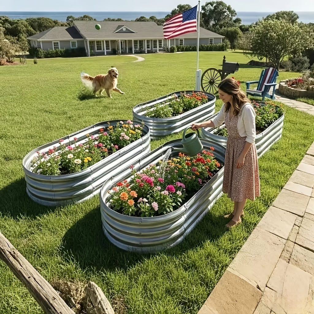 1/2pcs Galvanized Raised Beds for Outdoor, Oval Raised Garden Bed, Planter Raised Boxes with Open-Ended Base, Large Metal Raised Planter Beds for Vegetables, Flowers, Tool-Free Assembly