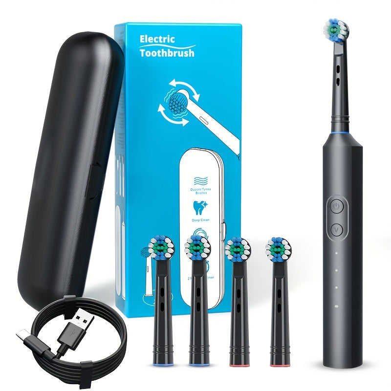 Orinatola Rotating Electric Toothbrush for Adults with Four Brush Heads, Travel Case, Three Modes and Two-Minute Timer, USB Charging in Black or White