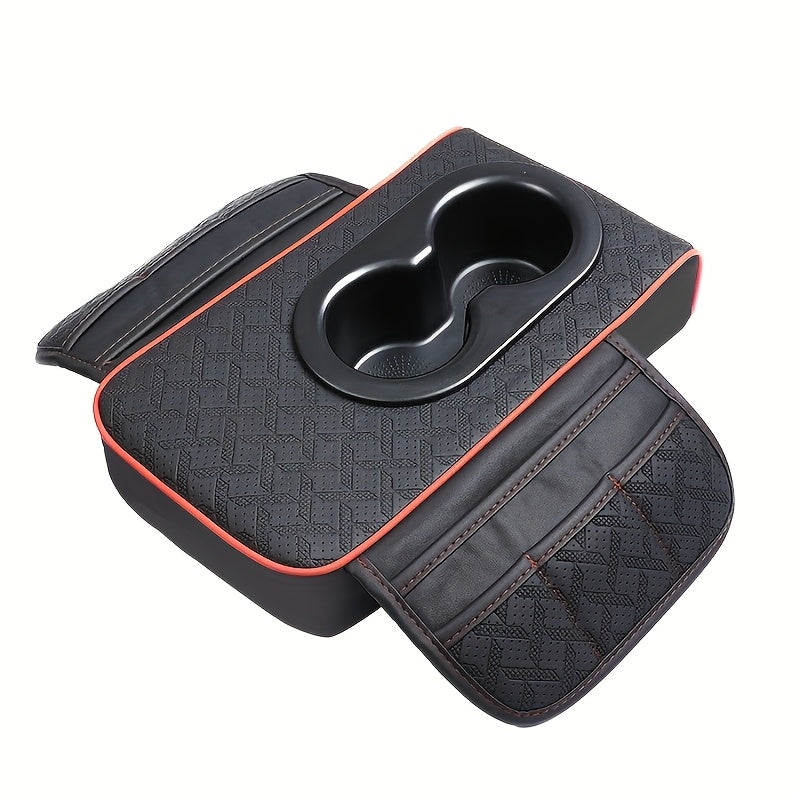 Car Armrest Storage Cover in PU Leather with Two Side Pockets and Two Cup Holders, Center Console Organizer with Tissue Bundle and Refill Options