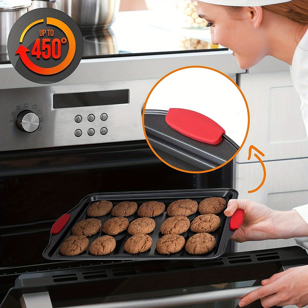 Baking Pan Set with Red Silicone Handles, 3-Piece Gray Carbon Steel Oven Bakeware with Listed Interior and Exterior Nonstick Finish for Home Baking