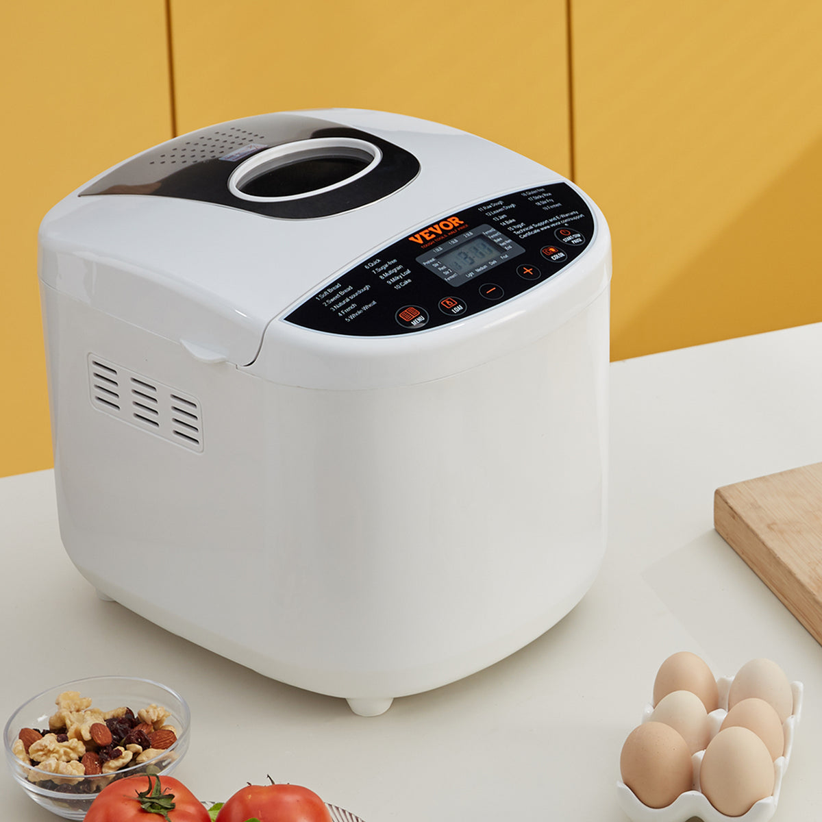 19-Program Bread Maker by VEVOR, White Automatic Bread Machine with 1, 1.5 and 2lb Loaf Sizes, Three Crust Settings, Ceramic Pan and 15-Hour Delay Start