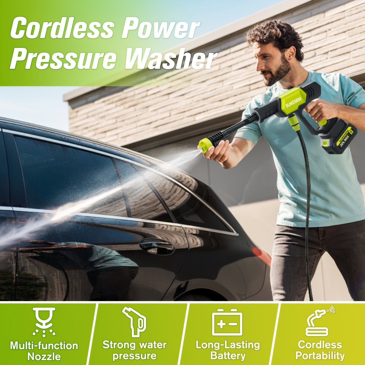 Battery-Powered Car Wash Cleaner with Adjustable Nozzle, Cordless Rechargeable Washing Tool for Yard and Garden Cleanup, One or Two Battery Packages