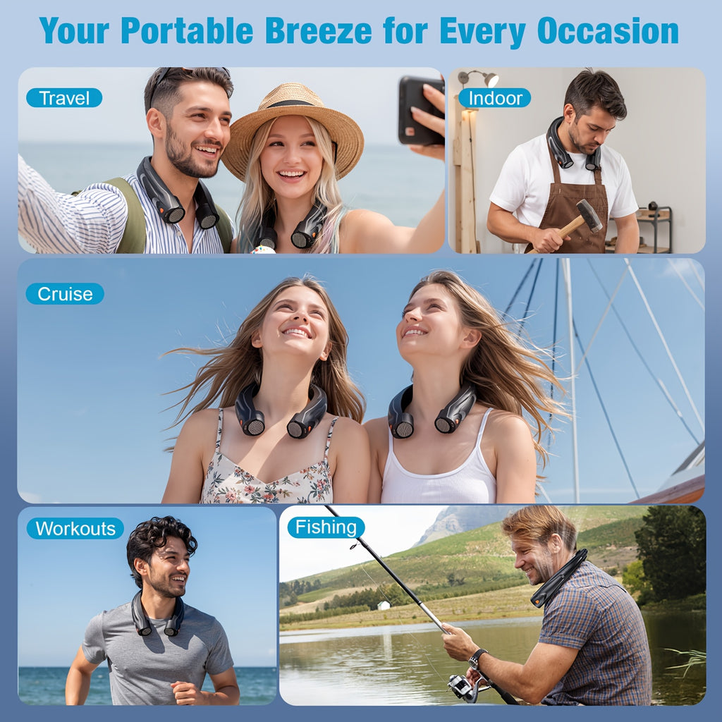 Black Portable Neck Fan with Six Adjustable Speeds and USB Rechargeable Design, Hands-Free Wearable Personal Airflow for Outdoor Travel, Office and Leisure