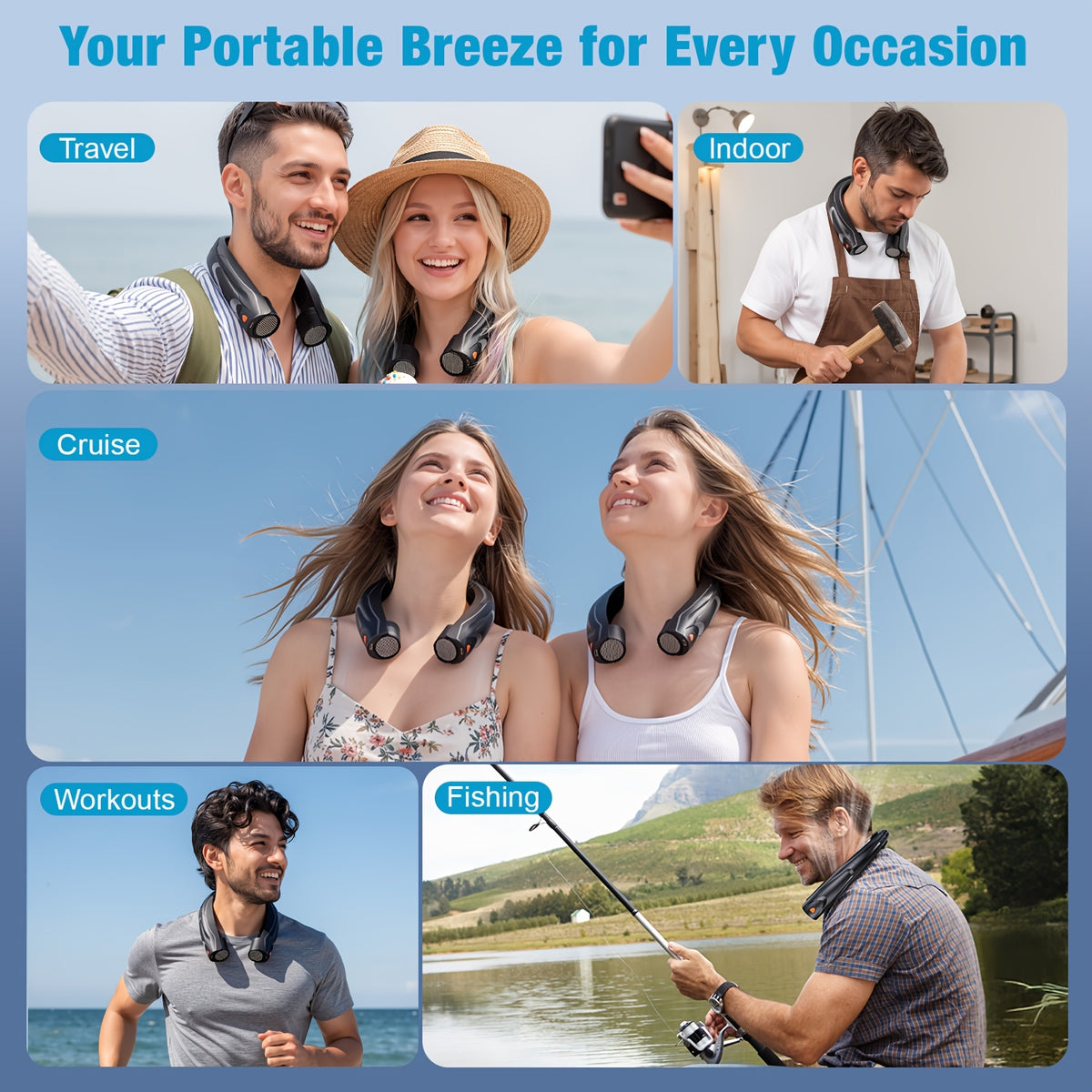 Black Portable Neck Fan with Six Adjustable Speeds and USB Rechargeable Design, Hands-Free Wearable Personal Airflow for Outdoor Travel, Office and Leisure