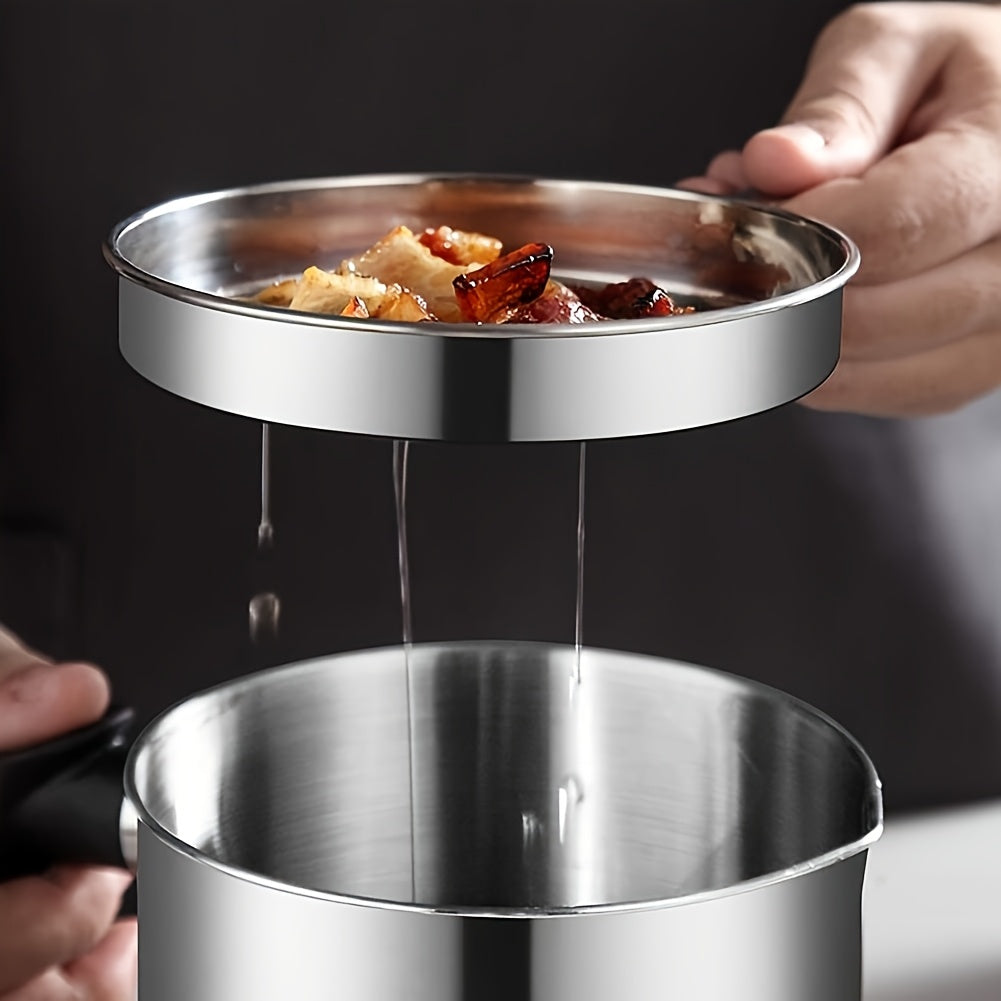 Kitchen Grease Container with Strainer and Easy-Pour Handle, Silvery Oil Storage Can with Listed Stainless Steel Design for Everyday Cooking Cleanup