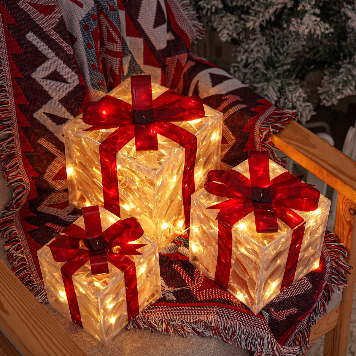 Lighted Christmas Present Boxes, Classic Set of 3 Warm White Decorative Gift Boxes with 60 Listed LEDs, Red Bows, USB or Battery Power and Daily Timer