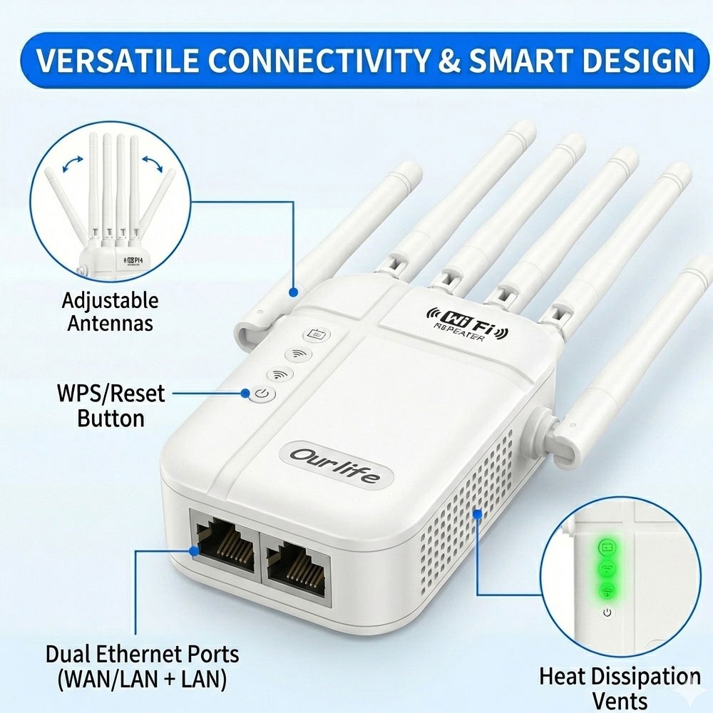 Six Antenna WiFi Repeater with Ethernet Port and One-Click Setup, Listed 1800Mbps Advanced Signal Booster for Compatible Home Wireless Network Extension