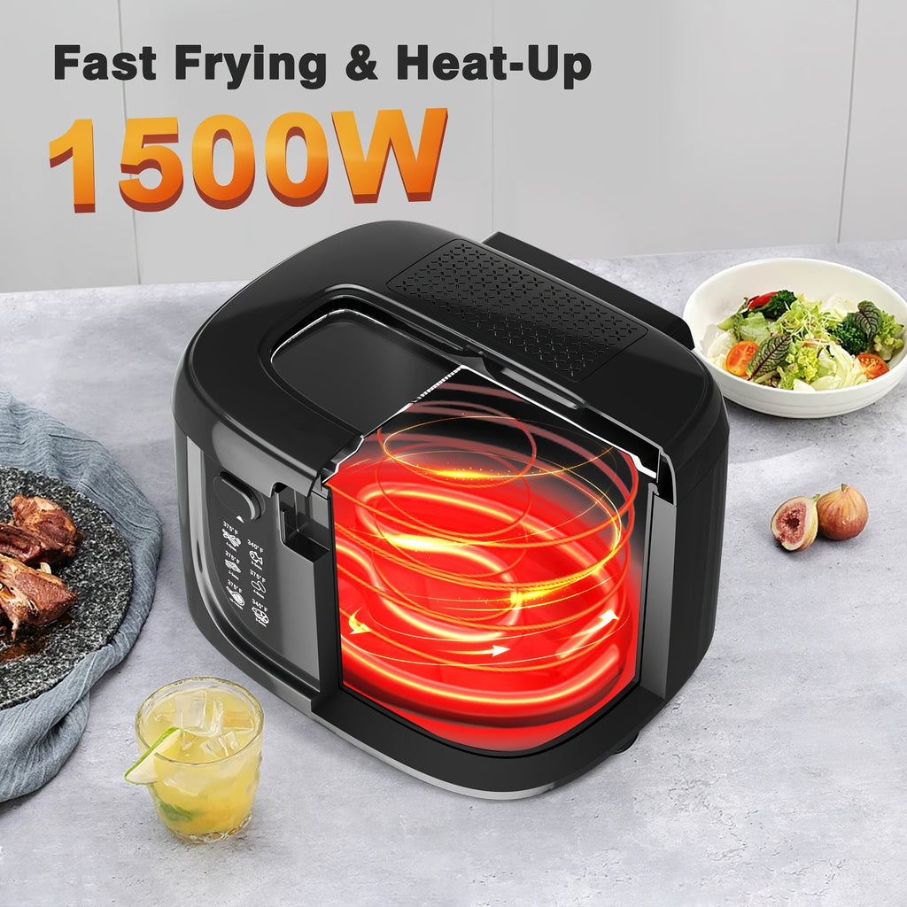 Adjustable Electric Deep Fryer with Listed 1500W Power and 84.54 Oz Capacity, Nonstick Basket, Viewing Window and Removable Lid in Black or White for Home Cooking