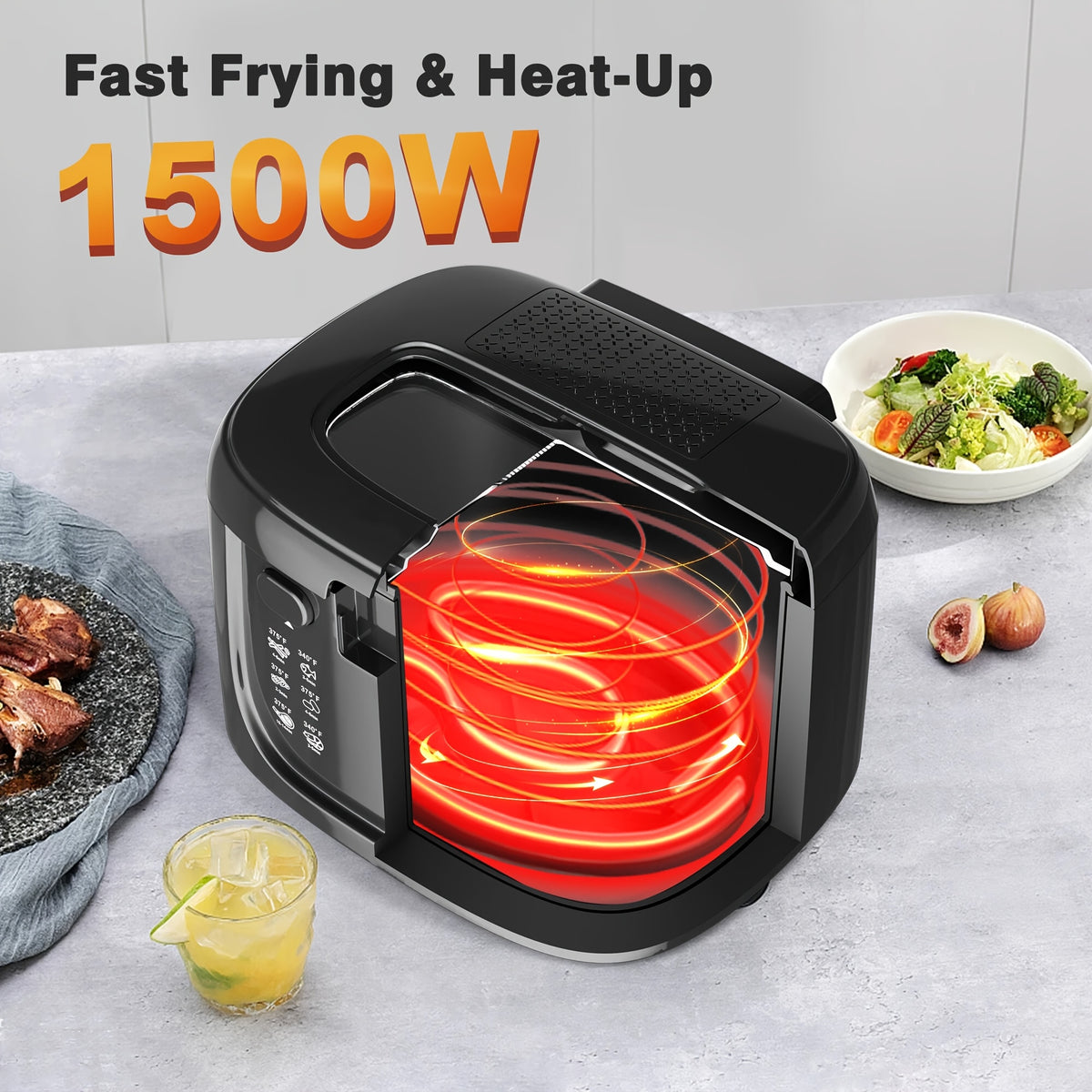 Adjustable Electric Deep Fryer with Listed 1500W Power and 84.54 Oz Capacity, Nonstick Basket, Viewing Window and Removable Lid in Black or White for Home Cooking