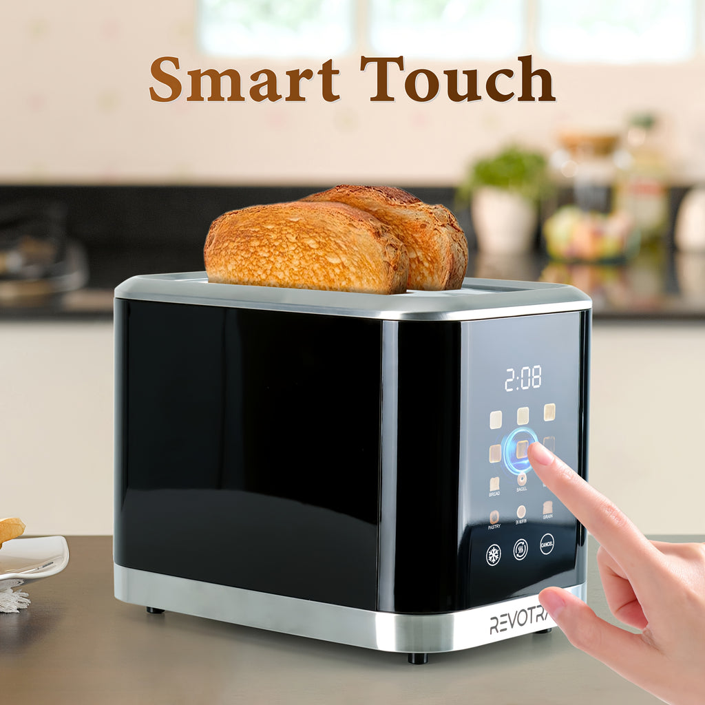 LED Display Breakfast Toaster in Black with Stainless Steel Construction, Wide Slots, Six Toasting Levels, Defrost, Heat and Cancel Functions and Crumb Tray