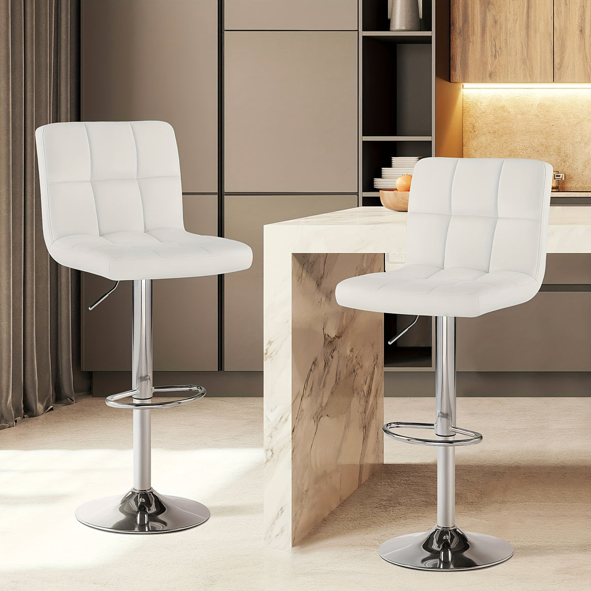 Armless Swivel Bar Stools with Adjustable Hydraulic Height Wording, PU Leather Seat Cushions and Backrests, White Two-Pack or Black Option for Home Kitchen Seating