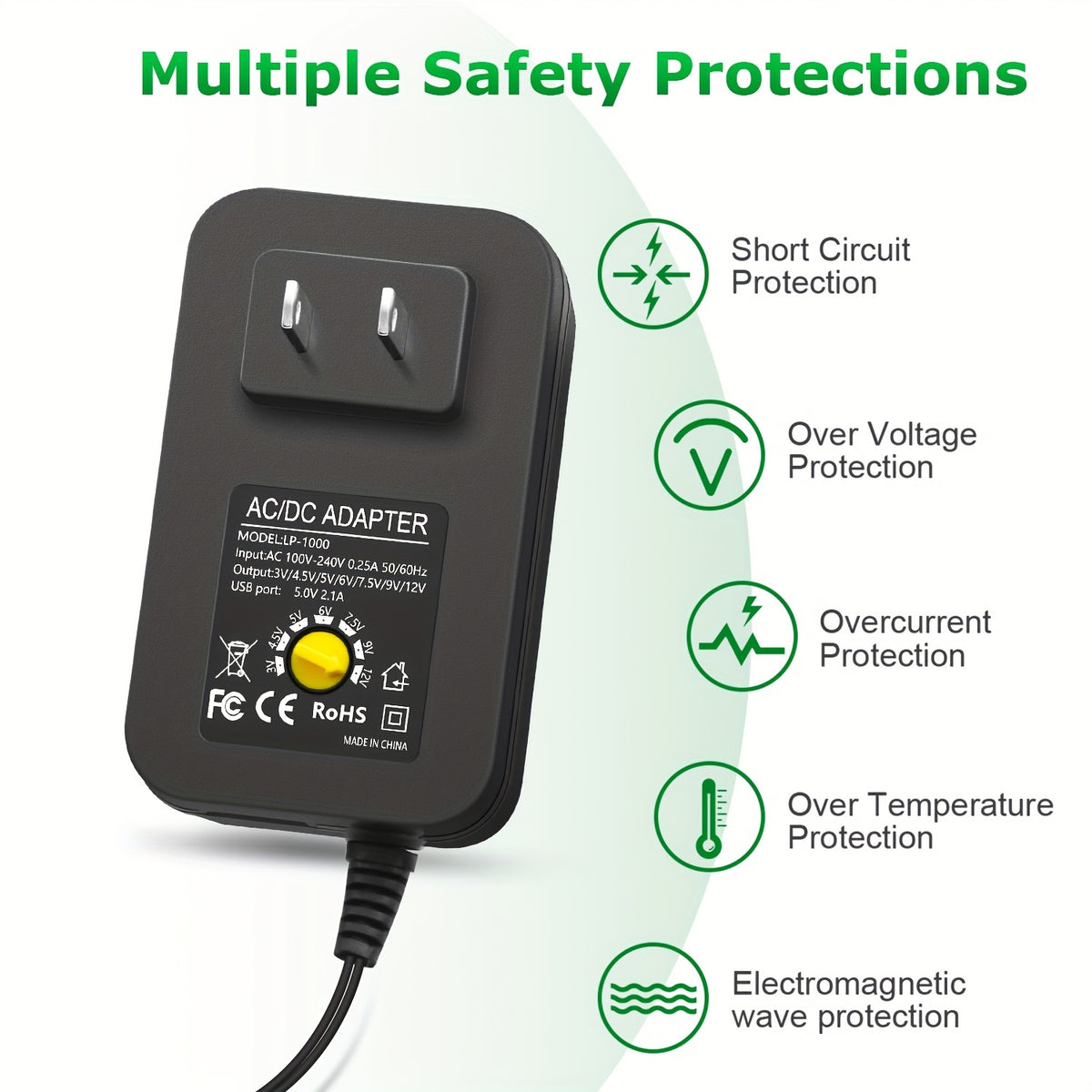 Adjustable AC/DC Power Adapter by ALITOVE, 3V–12V Selectable Output, 30W Maximum, 14 Connector Tips and Listed 5V 2.1A USB Port for Compatible Electronics