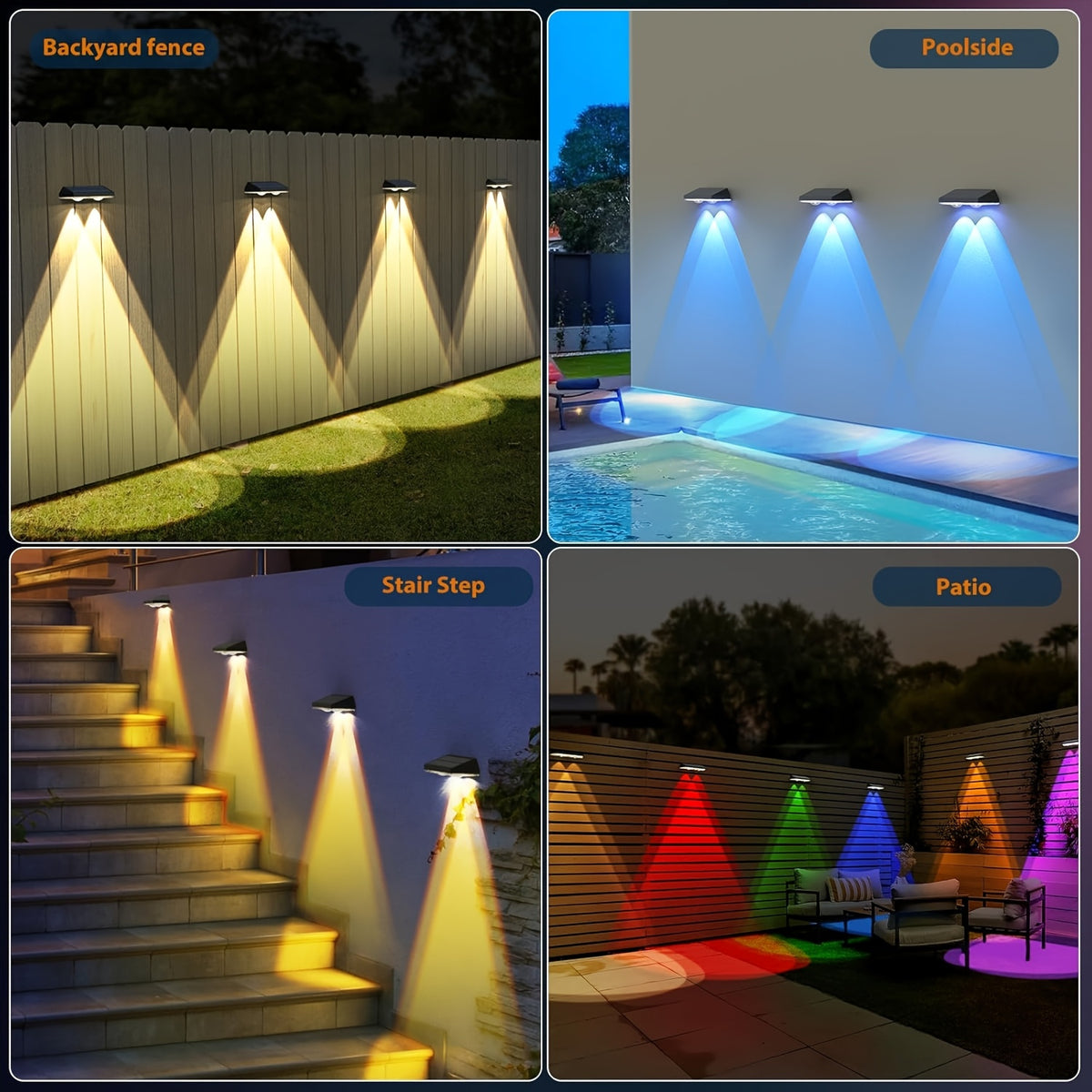 Multicolor Solar Fence Lights with Nine Listed Modes and Lens-Focused LEDs, Outdoor Wall and Patio Decorative Lighting in Packs of 4, 6, 8 or 10