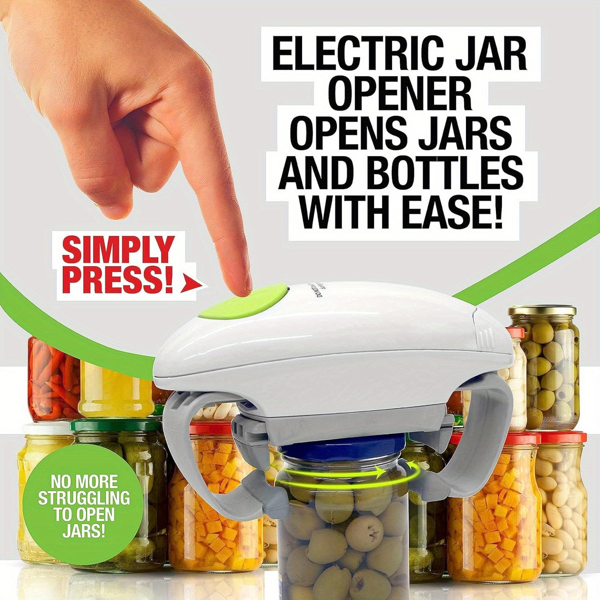Electric Jar Opener with One-Touch Operation and Auto-Off, Cordless AA Battery-Powered Lid Opening Tool in Black-White for Everyday Kitchen Meal Preparation