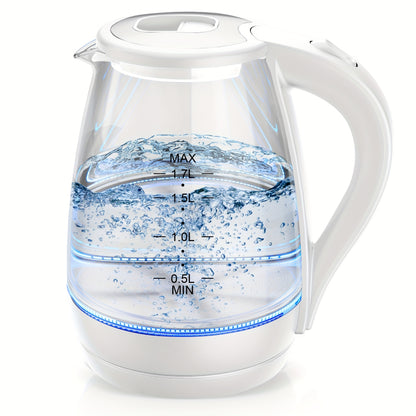 Blue LED Glass Electric Kettle with Listed 1.7L Capacity and 1200W Heating, Angled Pouring Spout, Auto-Shutoff and Boil-Dry Protection for Tea and Hot Water