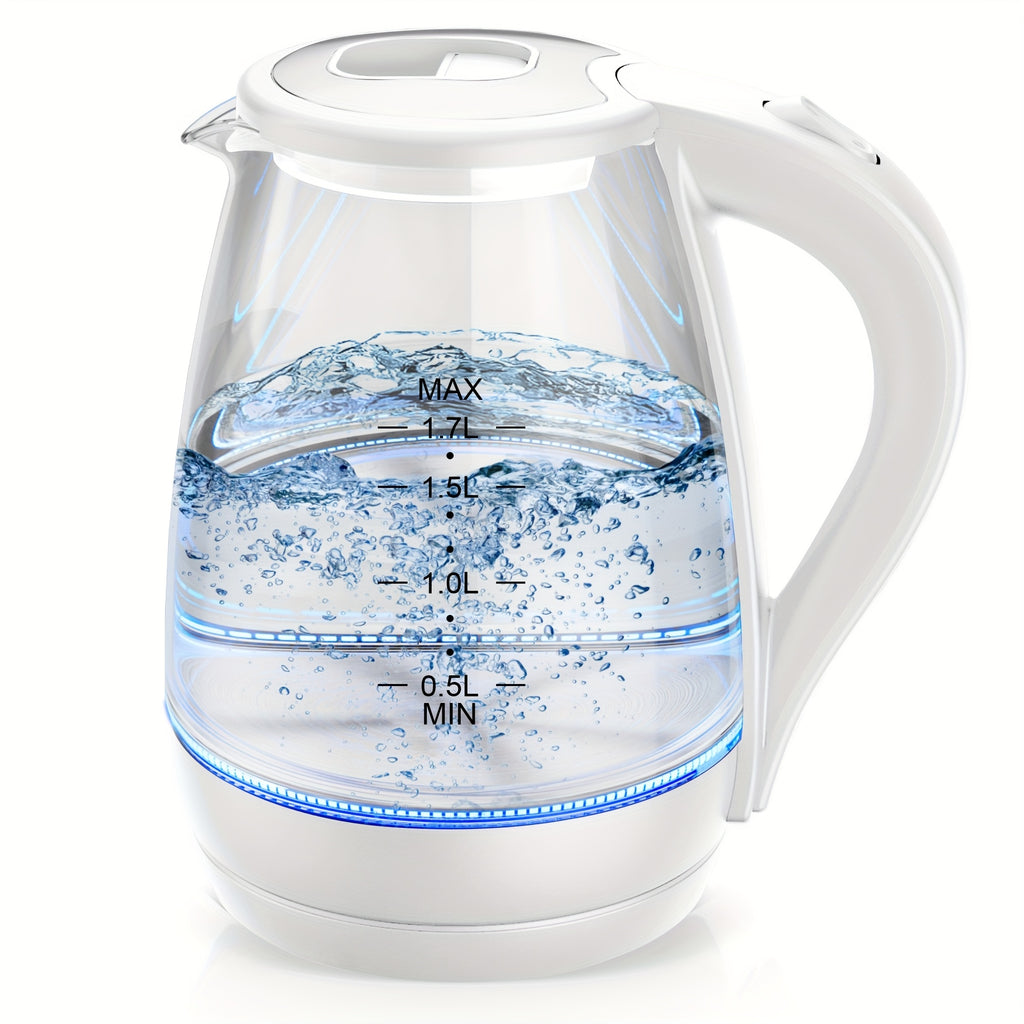 Blue LED Glass Electric Kettle with Listed 1.7L Capacity and 1200W Heating, Angled Pouring Spout, Auto-Shutoff and Boil-Dry Protection for Tea and Hot Water