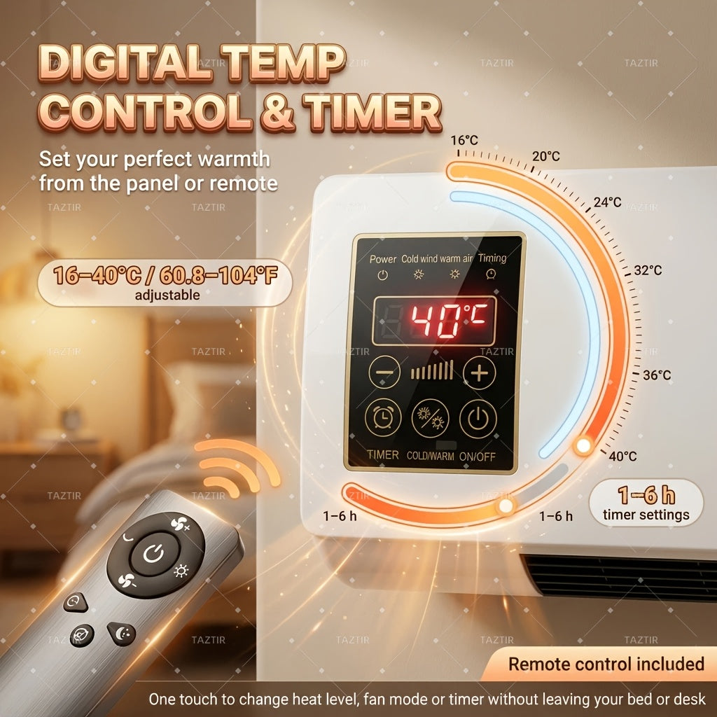 1200W Wall-Mounted Ceramic Heater in White, PTC Heating Design with Remote Control and Timer, Listed Dual-Mode Model for Space-Conscious Home Installation