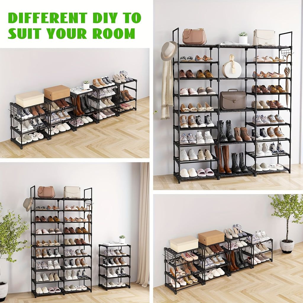 Nine-Tier Shoe Rack with Hooks, Black Metal Stackable Footwear Organizer with Listed 50–55 Pair Capacity for Entryway, Bedroom and Closet Storage