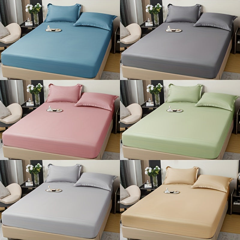 Three-Piece Solid Fitted Sheet and Pillowcase Set, One Soft-Feel Mattress Sheet with Two Pillowcases in Ten Size Labels and Six Colors for Home Bedrooms
