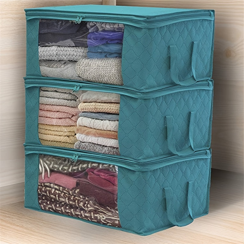 Clothing Storage Bags Set of 3 with Lids and Handles, Foldable Blanket and Quilt Organizers for Bedroom Closets, Wardrobes and Suitable Under-Bed Spaces