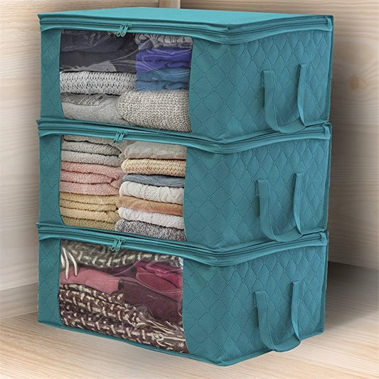 Clothing Storage Bags Set of 3 with Lids and Handles, Foldable Blanket and Quilt Organizers for Bedroom Closets, Wardrobes and Suitable Under-Bed Spaces
