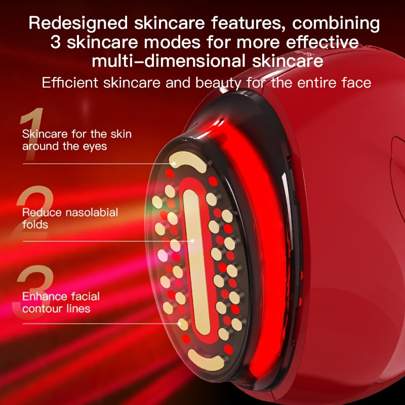 Burgundy Handheld Facial Care Device with Three Listed Skincare Modes, USB Rechargeable Power, Ergonomic Design and Color Light Features for Home Beauty Routines