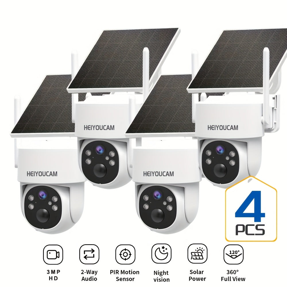 3MP Solar WiFi Security Camera with Human Tracking, Color Night Vision, Two-Way Talk, Siren and Spotlights for Outdoor Monitoring, Standard or 4-Piece Options