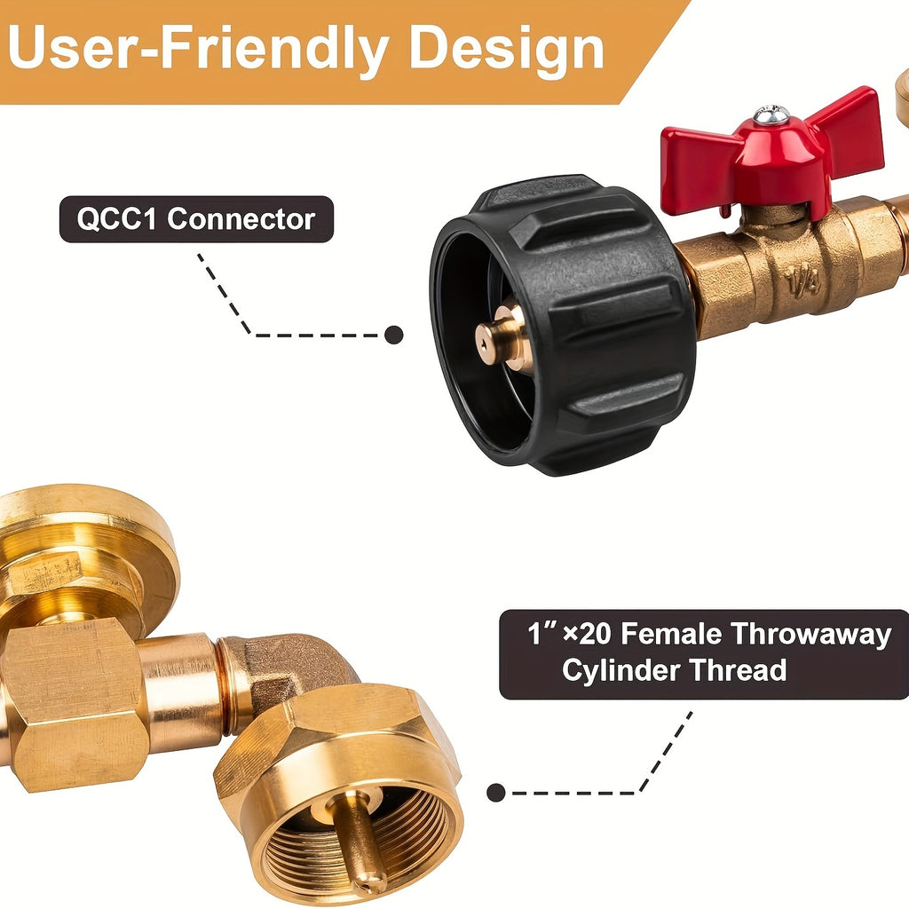 QCC1 Propane Elbow Adapter with Gauge and On-Off Valve, Brass 90-Degree Type1 Connector with Luminous Dial and Bottle Cap for Compatible Equipment