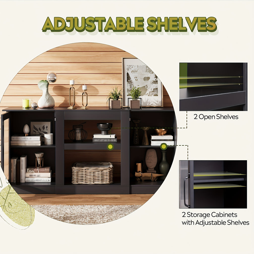 Retro TV Stand with Open Storage Shelves, Black, Rustic Brown or Greige Media Console for Compatible Television Setups in Living Rooms and Bedrooms