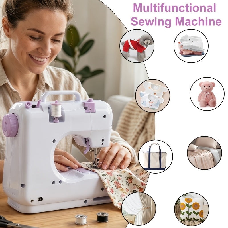 Sewing Machine with Adjustable Speed and 12 Stitch Patterns, White Purple Portable Electric Design for Beginner Practice, Home Fabric Repairs and DIY Crafts