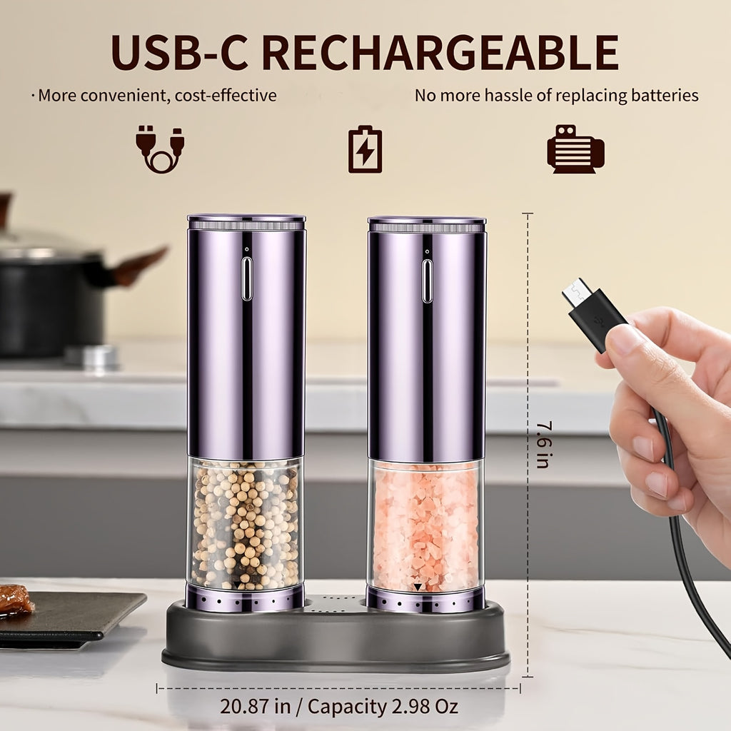 Automatic Salt and Pepper Grinder Set, 2 Refillable Electric Mills in Silvery with LED Light, Adjustable Coarseness and One-Handed Operation for Kitchen Seasoning