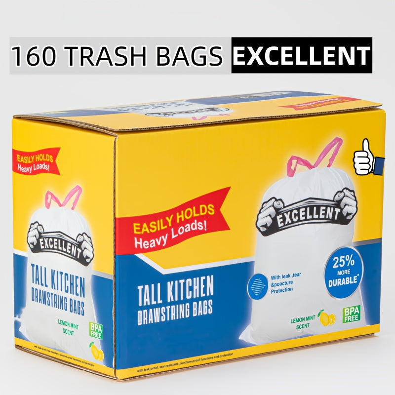 Lemon Mint Scented Trash Bags, 160-Count Box with 2 Rolls and Drawstring Closures, Disposable Household Garbage Liners with Listed Tear-Resistant Design