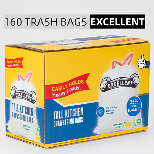 Lemon Mint Scented Trash Bags, 160-Count Box with 2 Rolls and Drawstring Closures, Disposable Household Garbage Liners with Listed Tear-Resistant Design